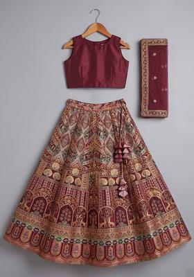 Brown Embroidered Crepe Lehenga Set For Girls