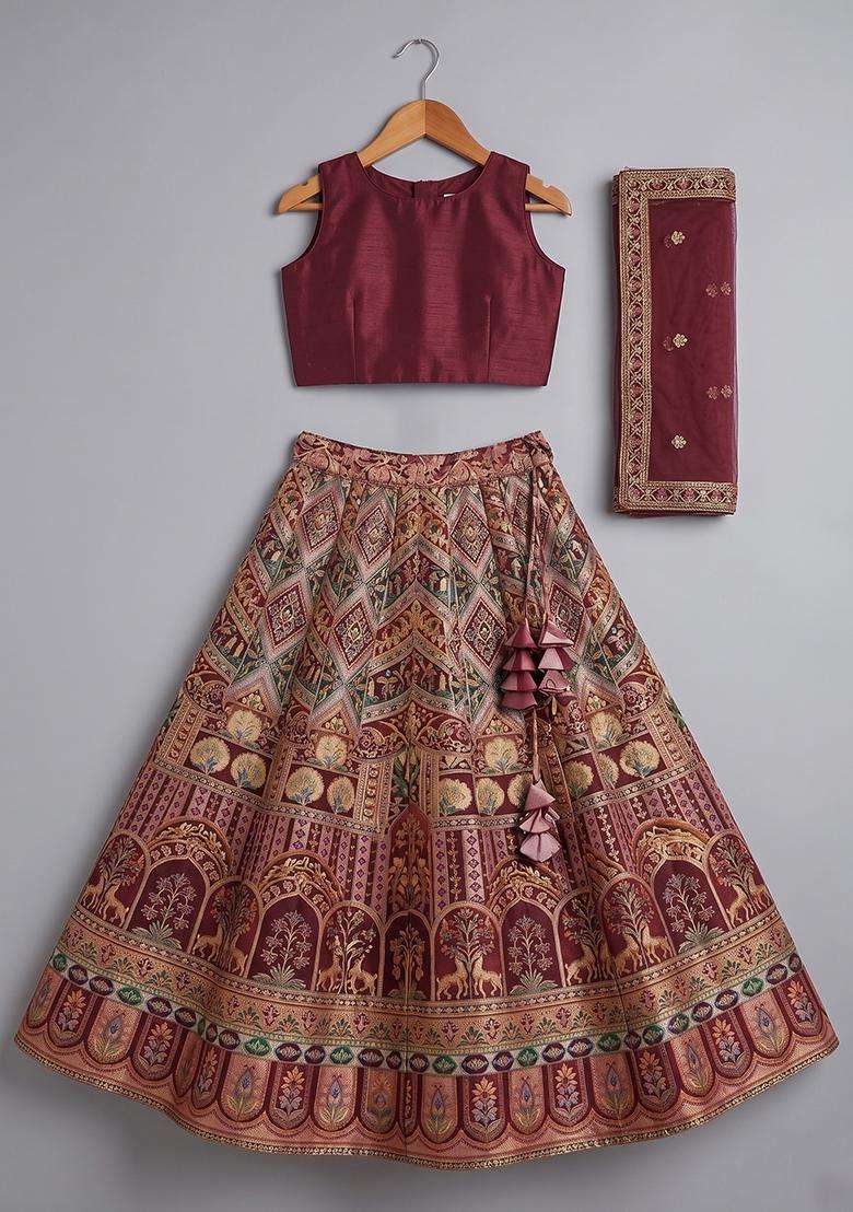 Brown Embroidered Crepe Lehenga Set For Girls - Indya