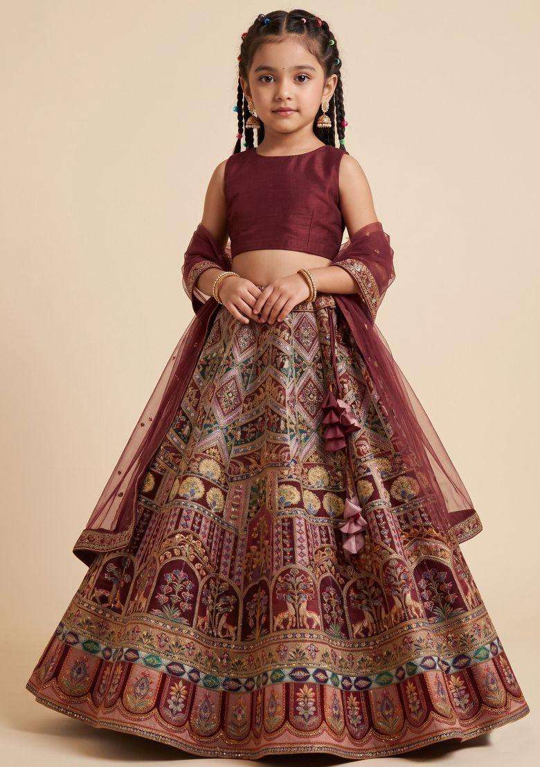 Brown Embroidered Crepe Lehenga Set For Girls - Indya