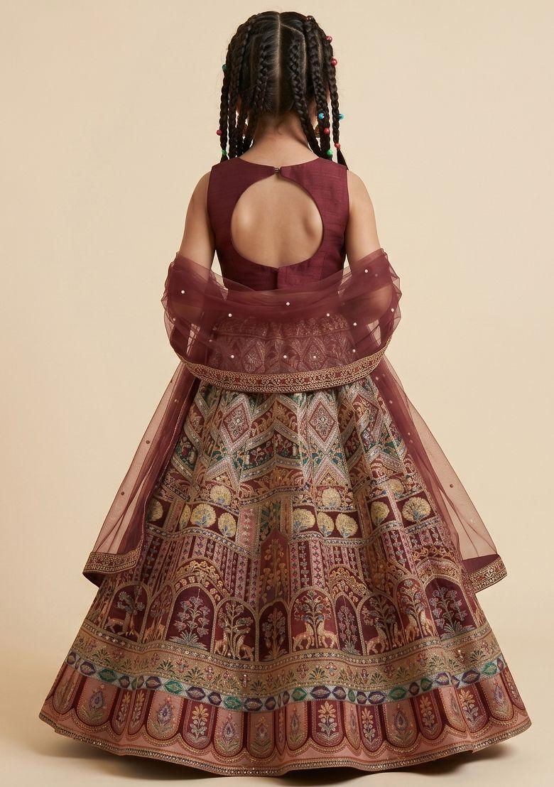Brown Embroidered Crepe Lehenga Set For Girls - Indya
