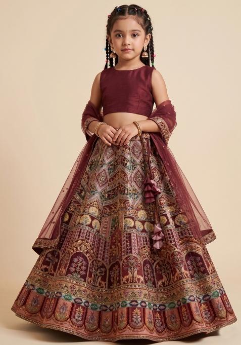 Brown Embroidered Crepe Lehenga Set For Girls — view on Indya