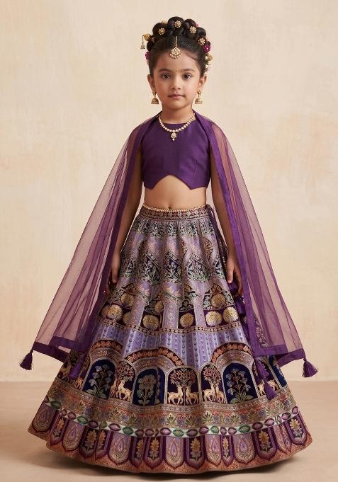 Purple Embroidered Crepe Lehenga Set For Girls