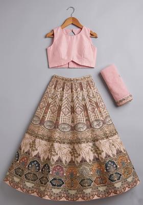 Pink Embroidered Crepe Lehenga Set For Girls