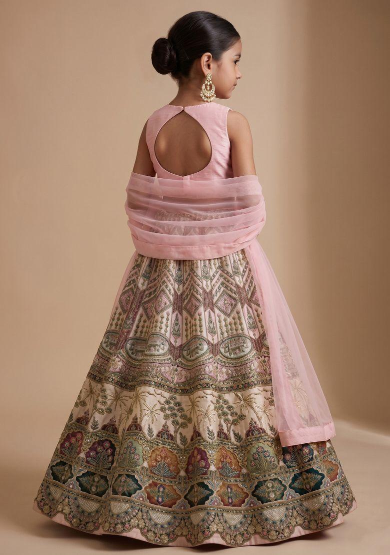 Pink Embroidered Crepe Lehenga Set For Girls - Indya