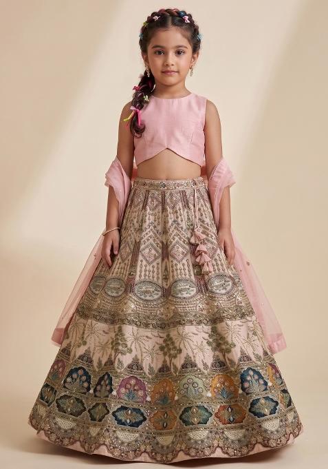 Pink Embroidered Crepe Lehenga Set For Girls