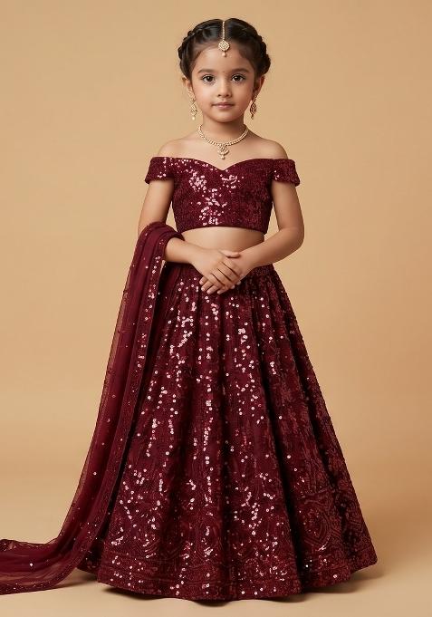 Red Sequin Net Lehenga Set For Girls — view on Indya