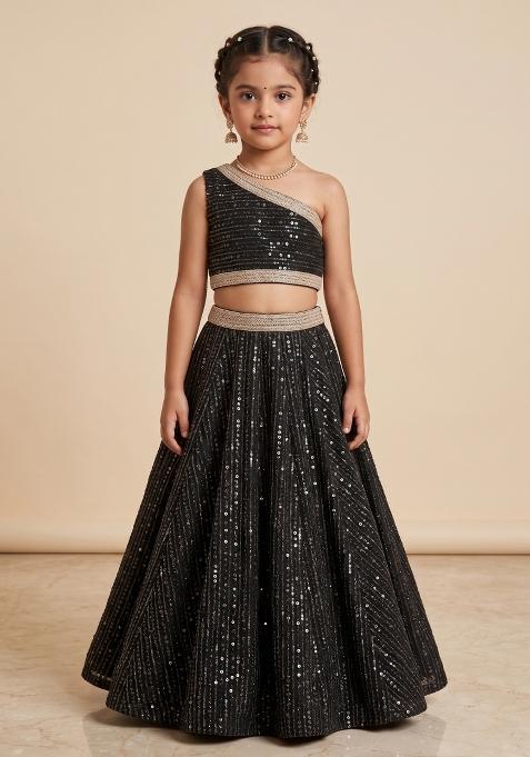 Black Sequin Embellished Shimmer Lehenga Set For Girls — view on Indya