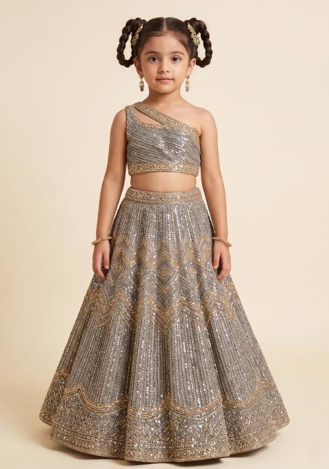 Smoke Grey Sequin Embellished Shimmer Lehenga Set For Girls — view on Indya