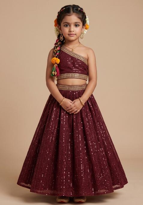 Deep Maroon Sequin Embellished Shimmer Lehenga Set For Girls — view on Indya