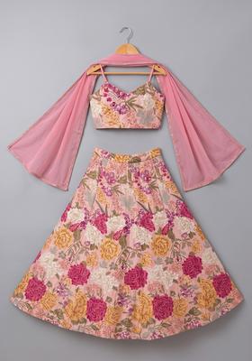 Pink Floral Print Crepe Lehenga Set For Girls