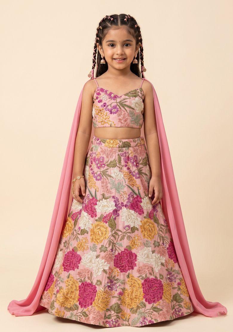 Pink Floral Print Crepe Lehenga Set For Girls - Indya