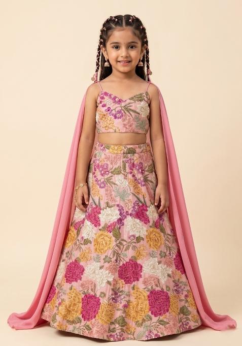 Pink Floral Print Crepe Lehenga Set For Girls — view on Indya