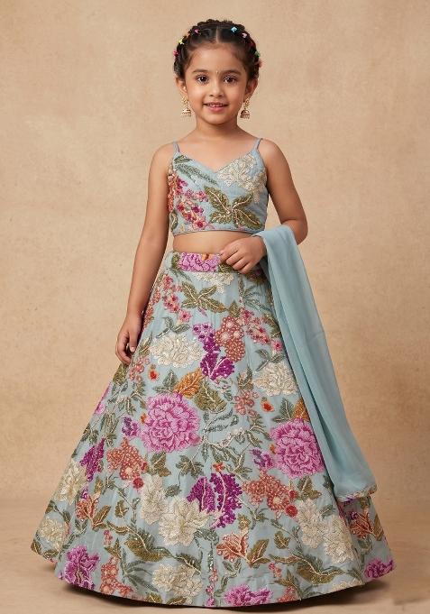 Powder Blue Floral Print Crepe Lehenga Set For Girls — view on Indya