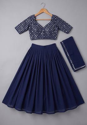 Navy Blue Printed Georgette Lehenga Set For Girls