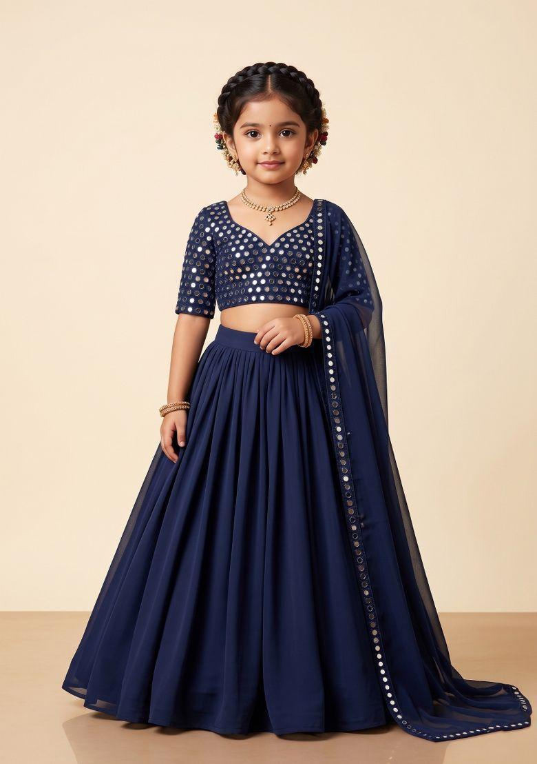 Navy Blue Printed Georgette Lehenga Set For Girls - Indya