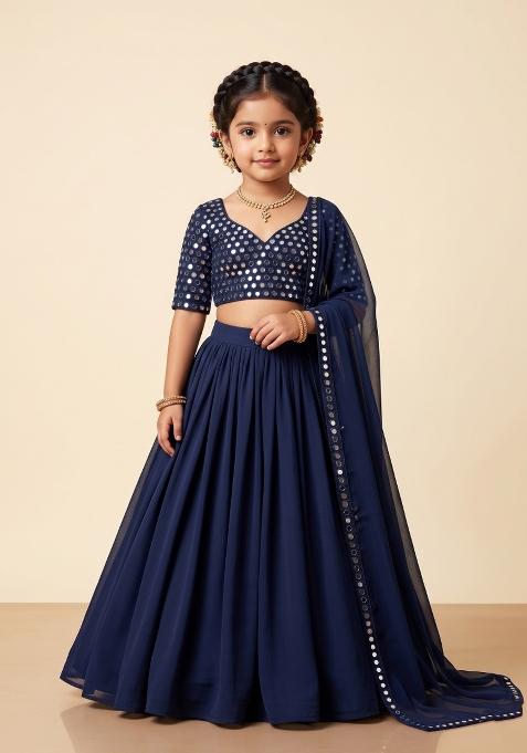 Navy Blue Printed Georgette Lehenga Set For Girls — view on Indya