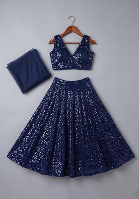 Dark Blue Sequin Net Lehenga Set For Girls