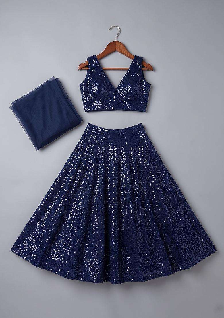 Dark Blue Sequin Net Lehenga Set For Girls - Indya