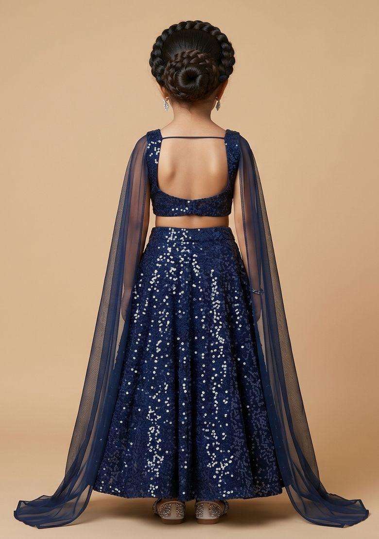 Dark Blue Sequin Net Lehenga Set For Girls - Indya