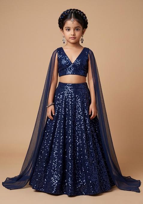 Dark Blue Sequin Net Lehenga Set For Girls — view on Indya