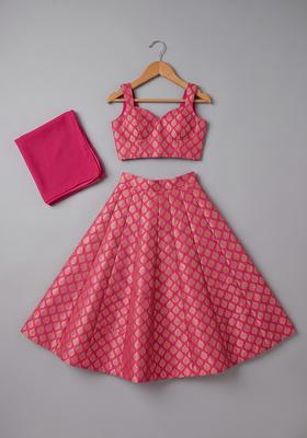 Rani Pink Brocade Lehenga Set For Girls
