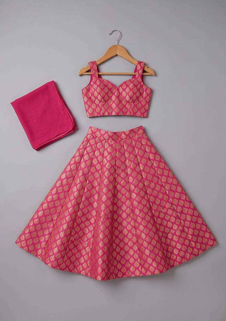 Rani Pink Brocade Lehenga Set For Girls - Indya