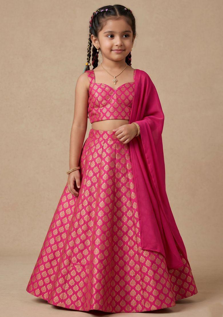 Rani Pink Brocade Lehenga Set For Girls - Indya