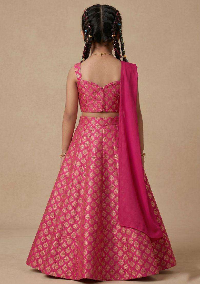 Rani Pink Brocade Lehenga Set For Girls - Indya