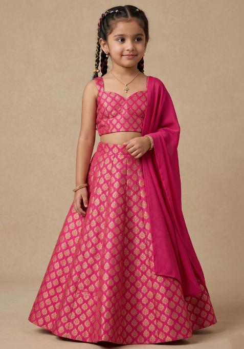 Rani Pink Brocade Lehenga Set For Girls — view on Indya