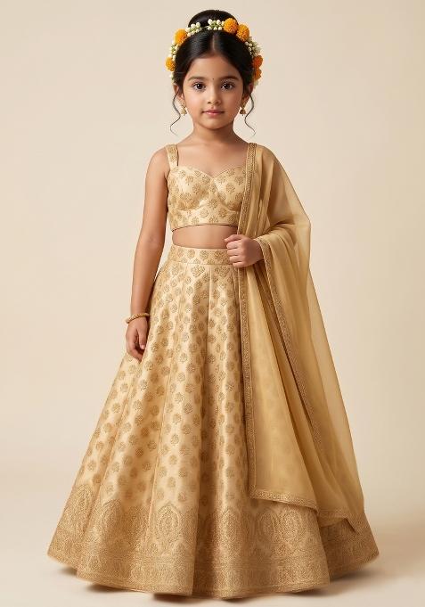 Gold Brocade Lehenga Set For Girls — view on Indya