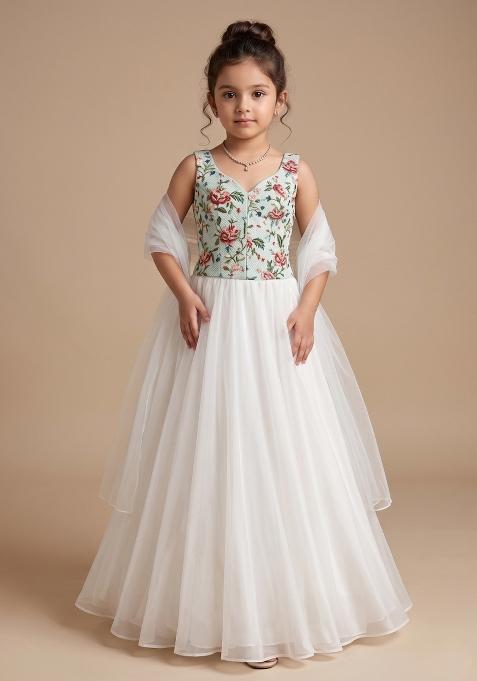 White Floral Print Organza Lehenga Set For Girls — view on Indya