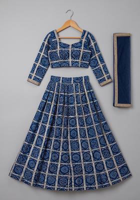 Navy Blue Bandhani Print Chinon Lehenga Set For Girls
