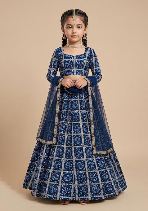 Navy Blue Bandhani Print Chinon Lehenga Set For Girls