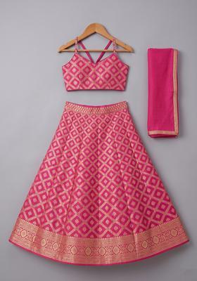 Pink Silk Lehenga Set For Girls