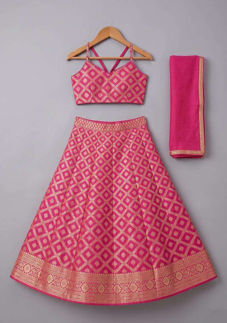 Pink Silk Lehenga Set For Girls - Indya