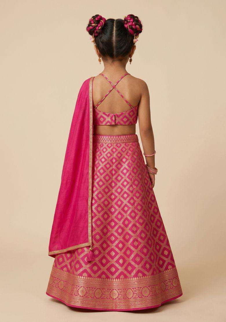 Pink Silk Lehenga Set For Girls - Indya