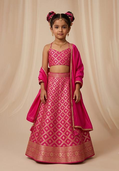 Pink Silk Lehenga Set For Girls