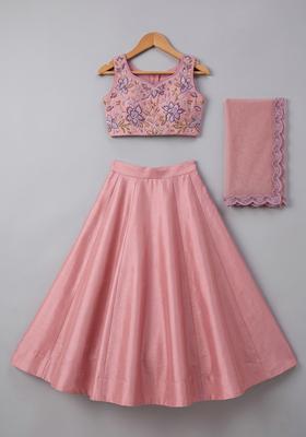 Pink Floral Print Organza Lehenga Set For Girls