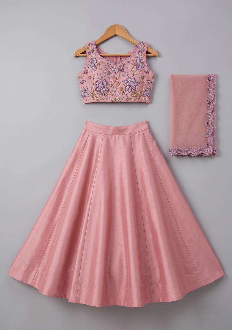 Pink Floral Print Organza Lehenga Set For Girls - Indya