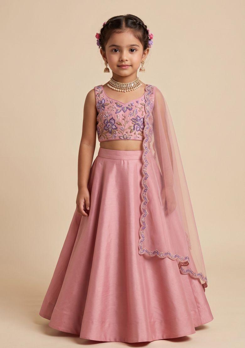Pink Floral Print Organza Lehenga Set For Girls - Indya