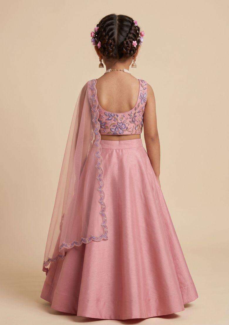 Pink Floral Print Organza Lehenga Set For Girls - Indya