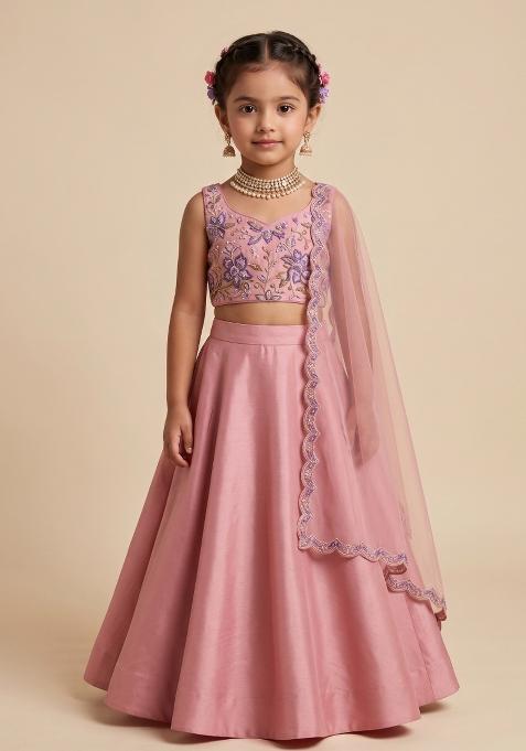 Pink Floral Print Organza Lehenga Set For Girls