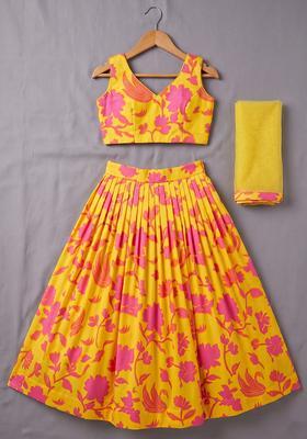Yellow Floral Print Georgette Lehenga Set For Girls