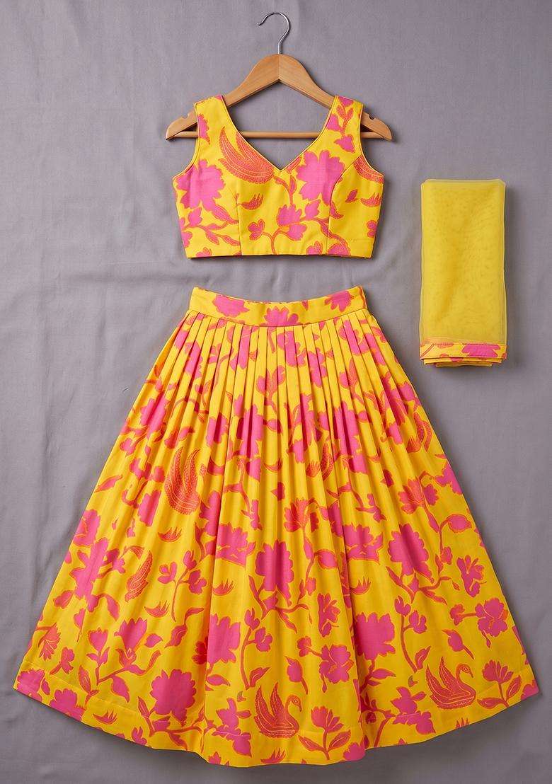Yellow Floral Print Georgette Lehenga Set For Girls - Indya