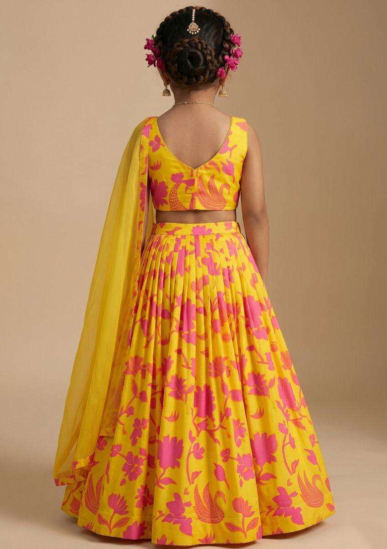Yellow Floral Print Georgette Lehenga Set For Girls - Indya