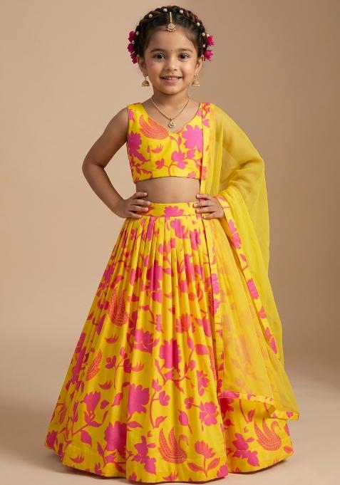Yellow Floral Print Georgette Lehenga Set For Girls — view on Indya