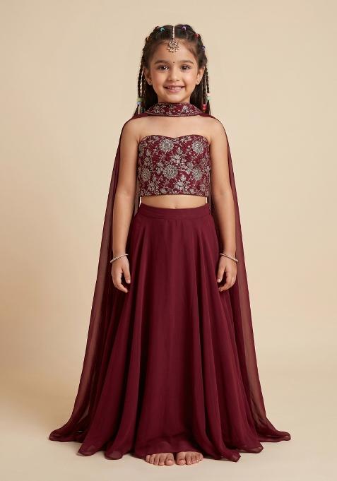 Red Embroidered Tissue Lehenga Set For Girls — view on Indya