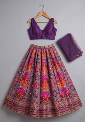 Deep Purple Embroidered Crepe Lehenga Set For Girls