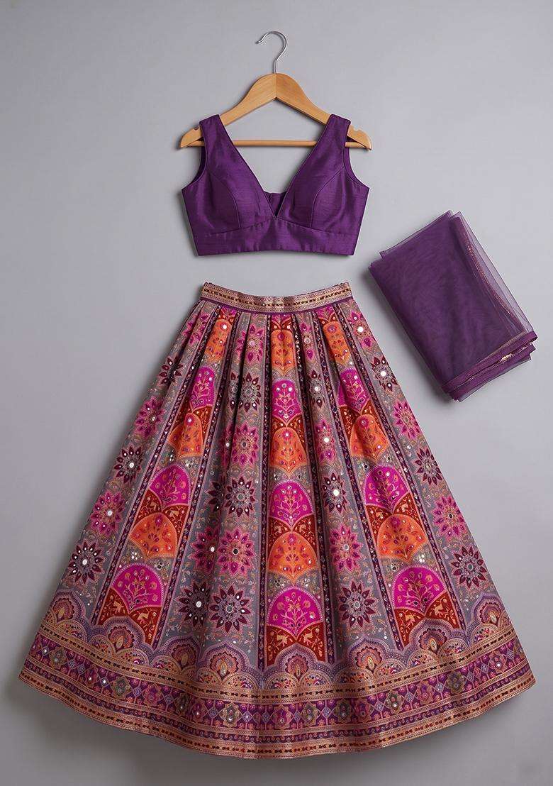Deep Purple Embroidered Crepe Lehenga Set For Girls - Indya