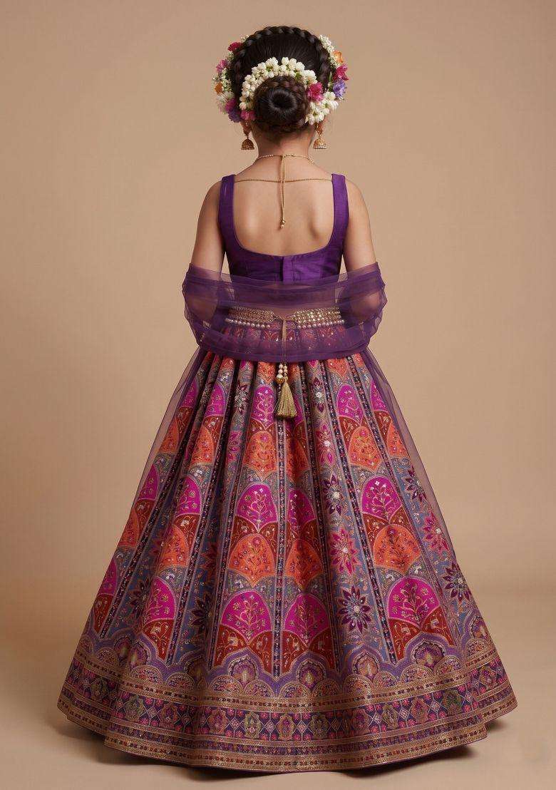 Deep Purple Embroidered Crepe Lehenga Set For Girls - Indya